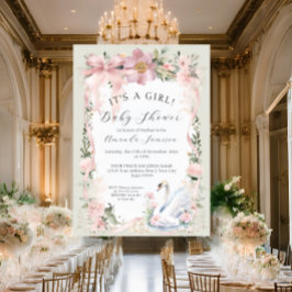 Invitación Floral Rubor Pink Ribbon Elegant Swan Baby Shower