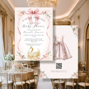 Invitación Floral Rubor Pink Ribbon Swan Gold Baby Shower