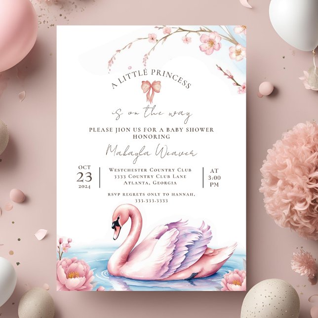 Invitación Floral Rubor Pink Ribbon Swan Gold Baby Shower (Subido por el creador)