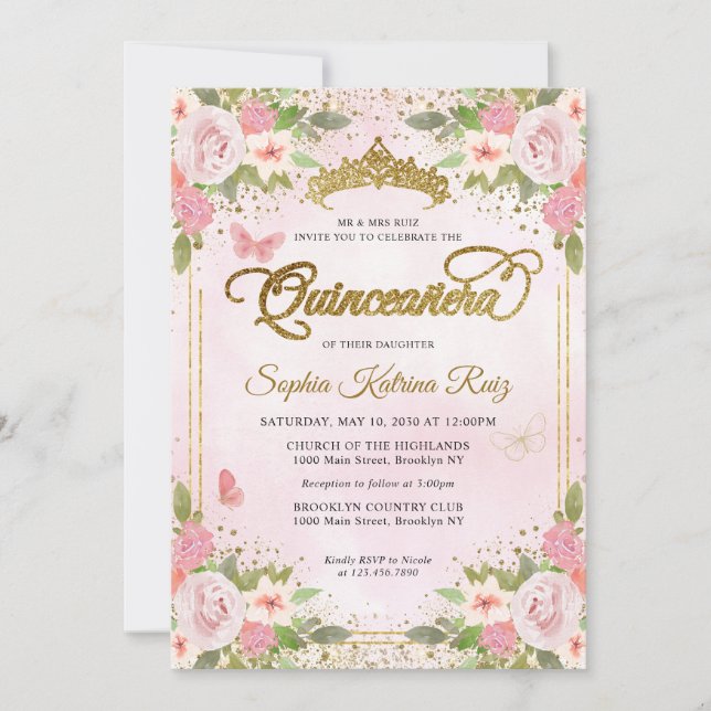 Invitación Floral Rubor Purpurina de oro rosa Crown Quinceañe (Anverso)
