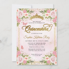 Invitación Floral Rubor Purpurina de oro rosa Crown Quinceañe
