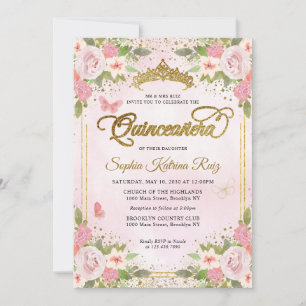 Invitación Floral Rubor Purpurina de oro rosa Crown Quinceañe
