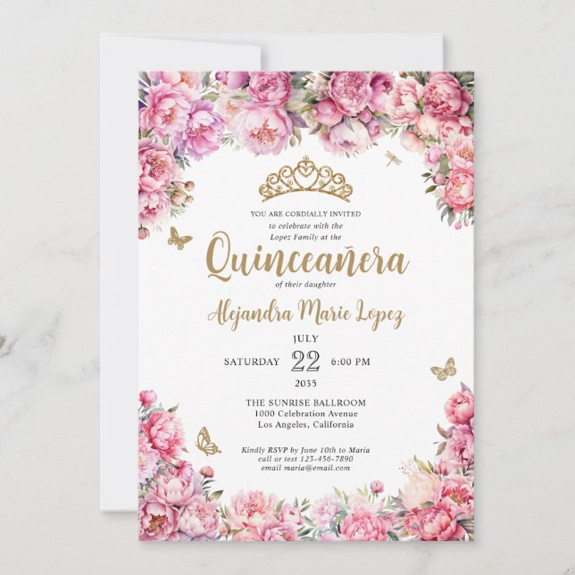 Invitación Floral Rubor Purpurina de oro rosa Tiara Quinceañe (Anverso)
