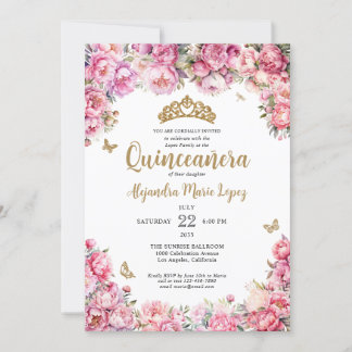 Invitación Floral Rubor Purpurina de oro rosa Tiara Quinceañe