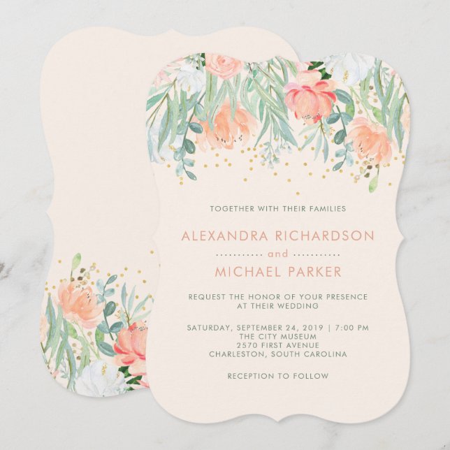 Invitación Floral Rubor Romance | Boda de acuarela (Anverso / Reverso)