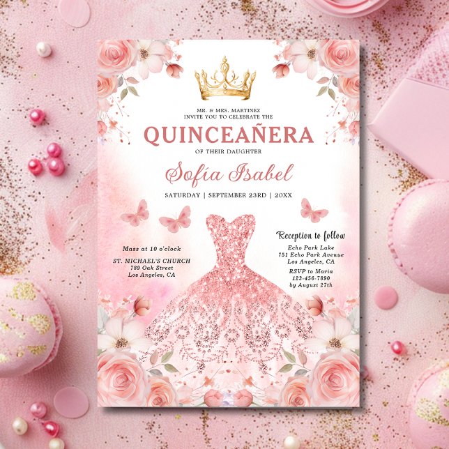 Invitación Floral Rubor rosa Bilingüe Español Quinceanera (Subido por el creador)