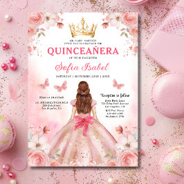 Invitación Floral Rubor rosa Bilingüe Español Quinceanera