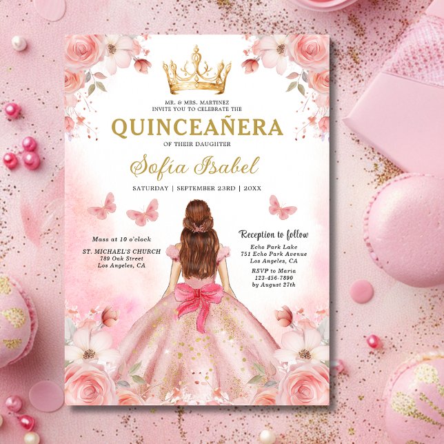 Invitación Floral Rubor rosa Bilingüe Español Quinceanera (Subido por el creador)