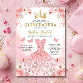 Invitación Floral Rubor rosa Bilingüe Español Quinceanera
