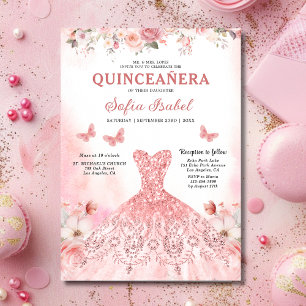 Invitación Floral Rubor rosa Bilingüe Español Quinceanera