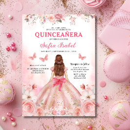 Invitación Floral Rubor rosa Bilingüe Español Quinceanera