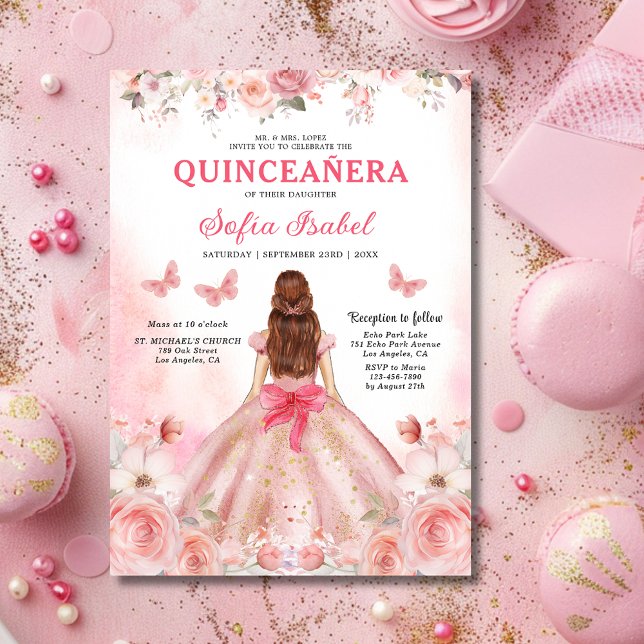 Invitación Floral Rubor rosa Bilingüe Español Quinceanera (Subido por el creador)