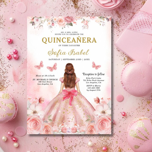 Invitación Floral Rubor rosa Bilingüe Español Quinceanera (Subido por el creador)