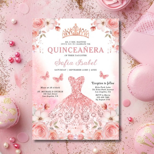 Invitación Floral Rubor rosa Bilingüe Español Quinceanera (Subido por el creador)