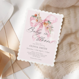 Invitación Floral Rubor Rosa Bow Baby en Bloom Baby Shower