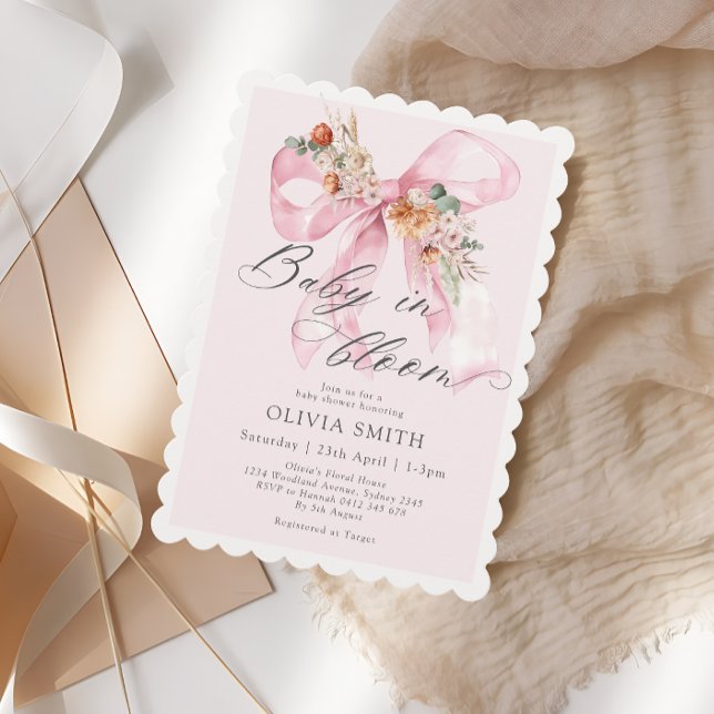 Invitación Floral Rubor Rosa Bow Baby en Bloom Baby Shower (Subido por el creador)