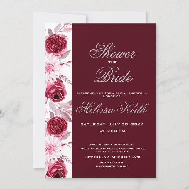 Invitación Floral Rubor rosa Burgundy Script ducha de novia (Anverso)