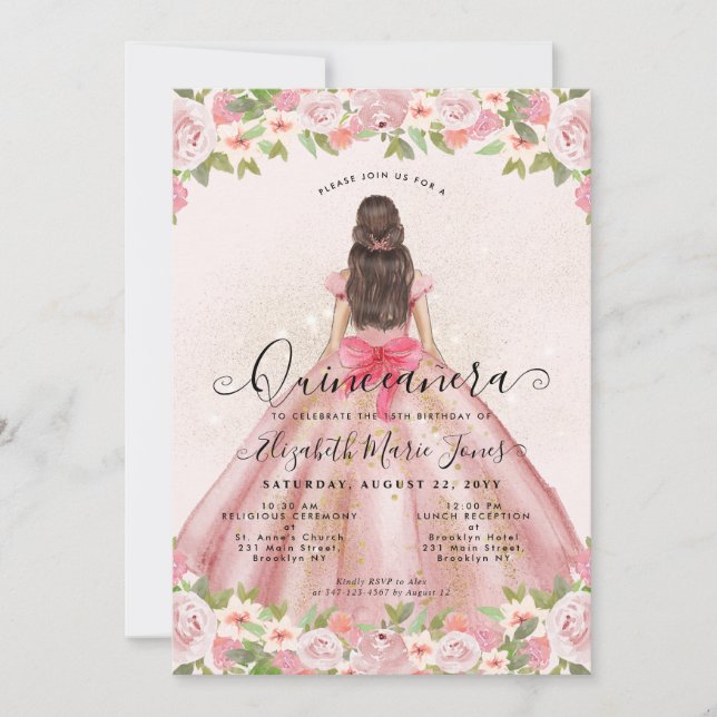 Invitación Floral Rubor Rosa Glam Princesa Quinceanera (Anverso)