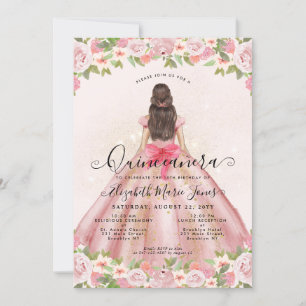 Invitación Floral Rubor Rosa Glam Princesa Quinceanera