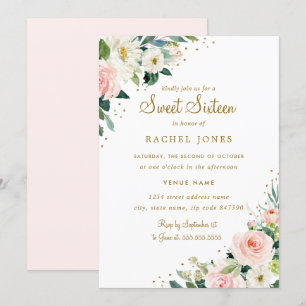 Invitación Floral Rubor Rosa Gold Sweet Dieciséis Invitacione