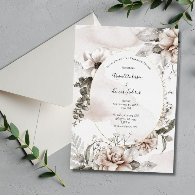 Invitación Floral Rubor Rosa Gris Elegante Ensayo Cena (Blush Pink Gray Floral Elegant Wedding Rehearsal Dinner Invitation)