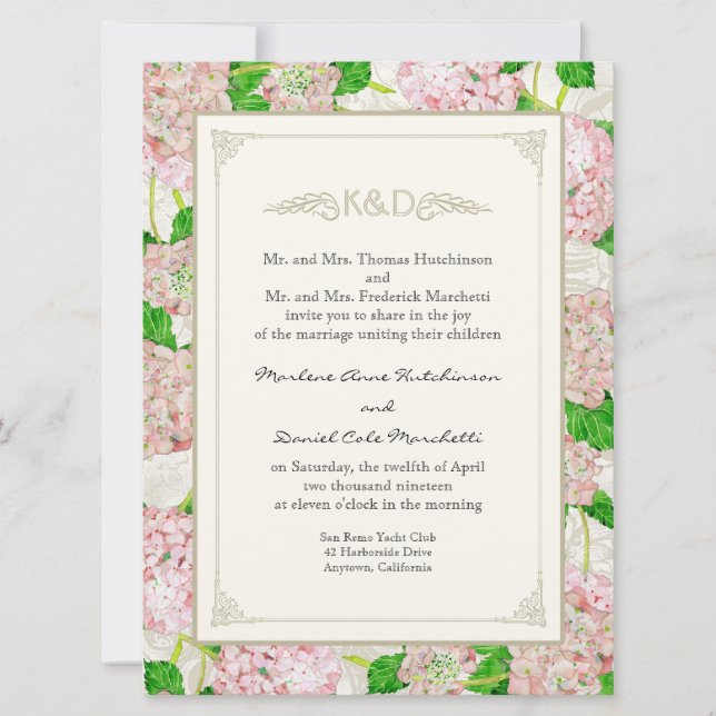 Invitación Floral Rubor rosa Hydrangea Moda acuarela encaje (Anverso)