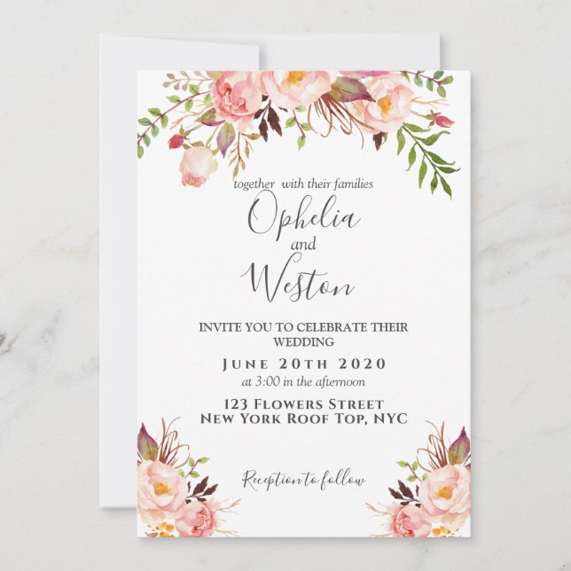 Invitación Floral Rubor rosa moderno elegante Boda Boho (Anverso)