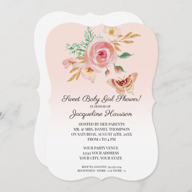 Invitación Floral Rubor rosa moderno mariposa dorada niña (Anverso / Reverso)