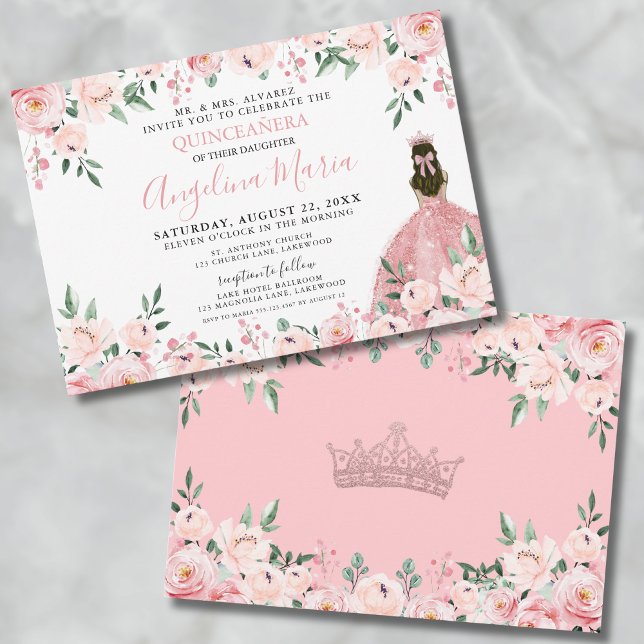 Invitación floral Rubor rosa Quinceanera (Floral Blush Pink Quinceanera Invitation)