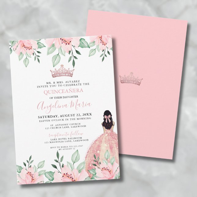 Invitación floral Rubor rosa Quinceañera (Floral Pink Quinceanera Invitation)