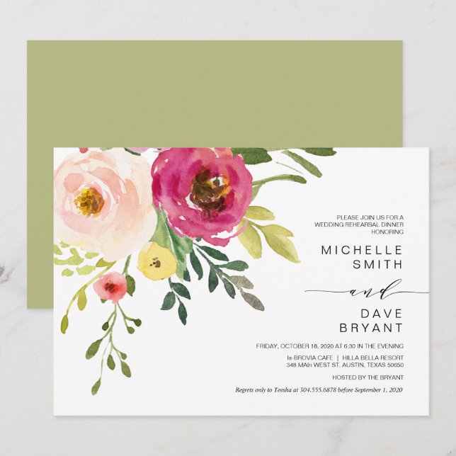 Invitación Floral Rubor, verde, cena de ensayo Boda (Anverso / Reverso)