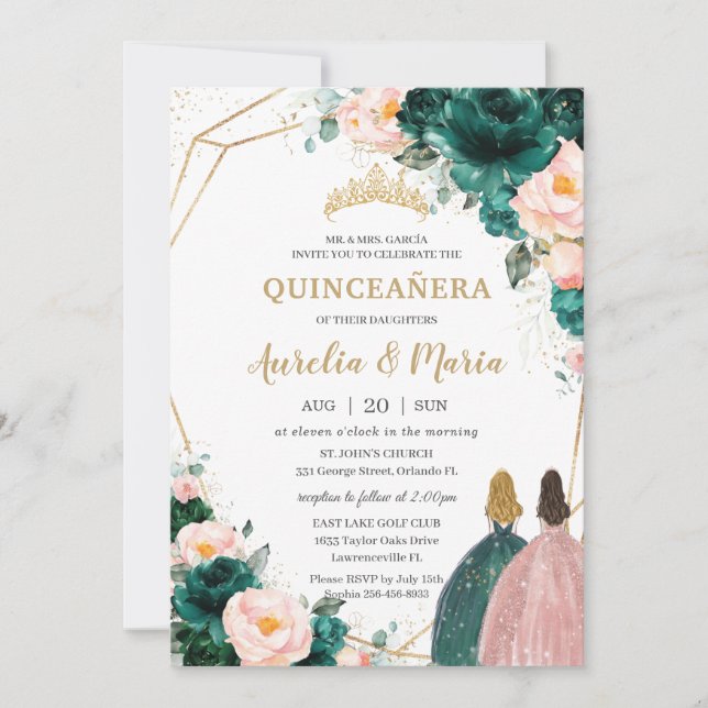 Invitación Floral Rubor verde marcial de Quinceañera (Anverso)