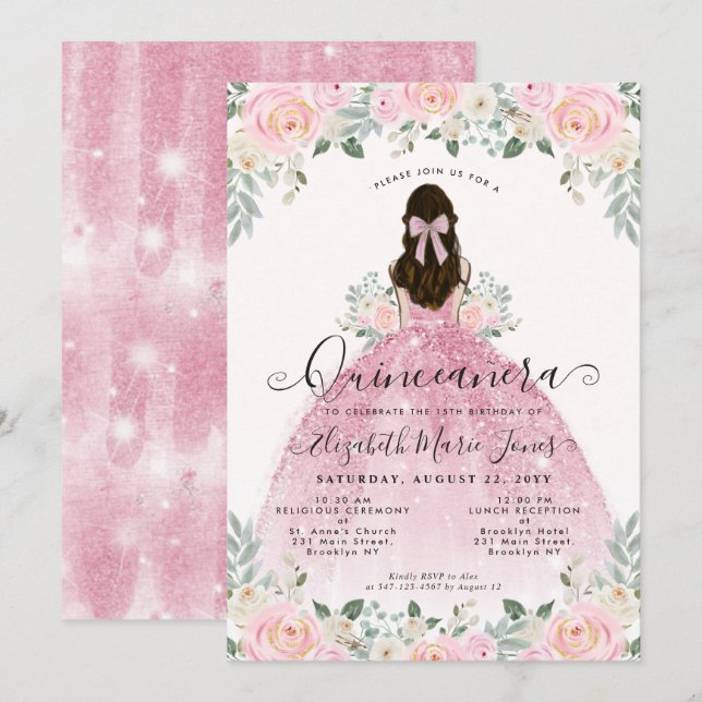 Invitación Floral Rubor Vestido rosa Quinceanera 15 cumpleaño (Anverso / Reverso)