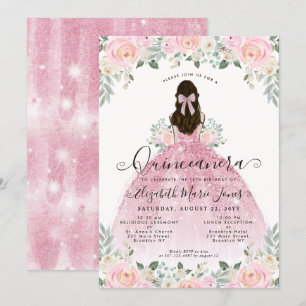 Invitación Floral Rubor Vestido rosa Quinceanera 15 cumpleaño
