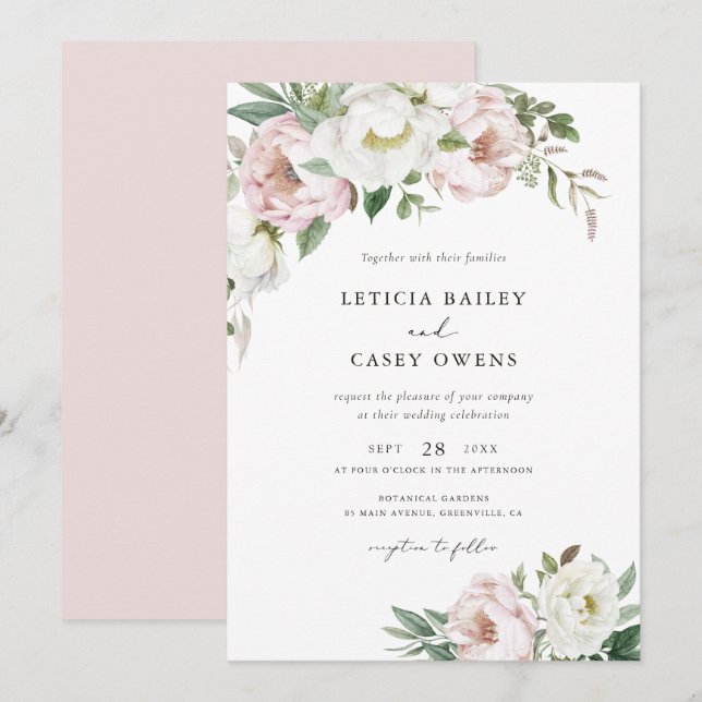 Invitación Floral Rubor White Peonies Leaf Elegant Wedding (Anverso / Reverso)