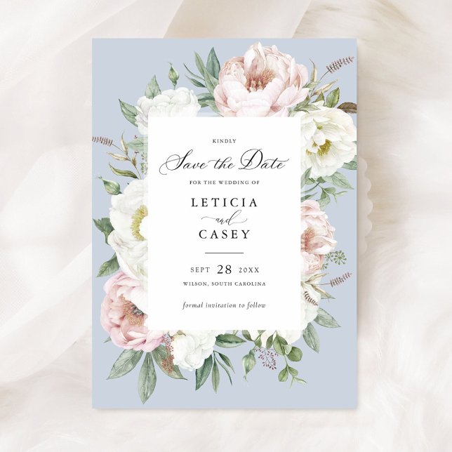 Invitación Floral Rubor White Peonies Wedding Save the Date (Subido por el creador)
