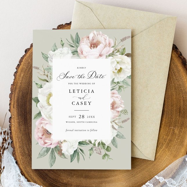Invitación Floral Rubor White Peonies Wedding Save the Date (Subido por el creador)