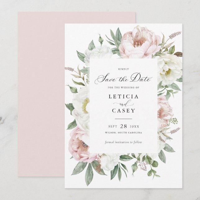Invitación Floral Rubor White Peonies Wedding Save the Date (Anverso / Reverso)
