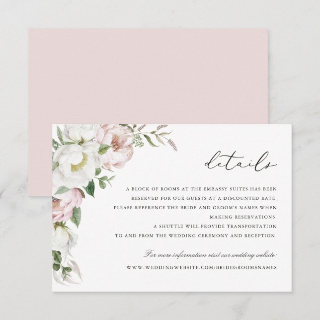 Invitación Floral Rubor White Peony Detalles de la vegetación (Anverso / Reverso)