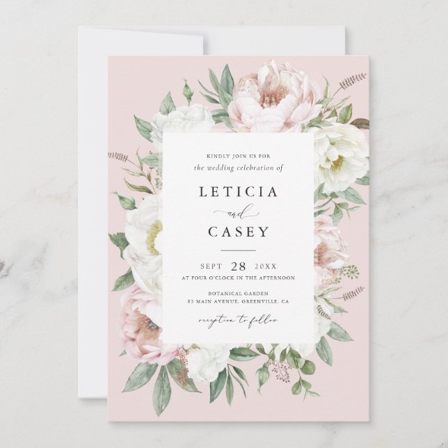 Invitación Floral Rubor White Peony Frame Elegant Wedding (Anverso)