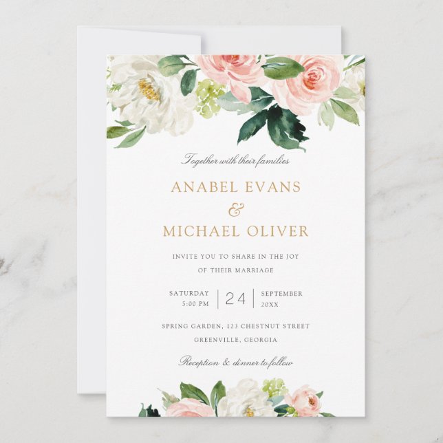 Invitación Floral Rubor White Romantic Greeneration Boda (Anverso)