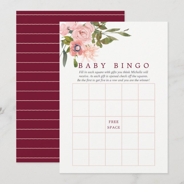 Invitación Floral Rubor y Borgoña Baby Shower Bingo (Anverso / Reverso)