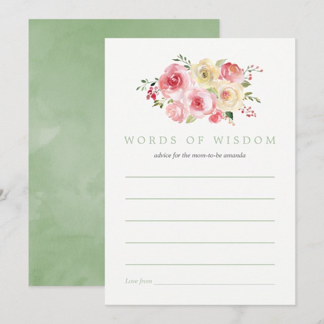 Invitación Floral Rubor y consejos de Baby Shower para mamá (Anverso / Reverso)