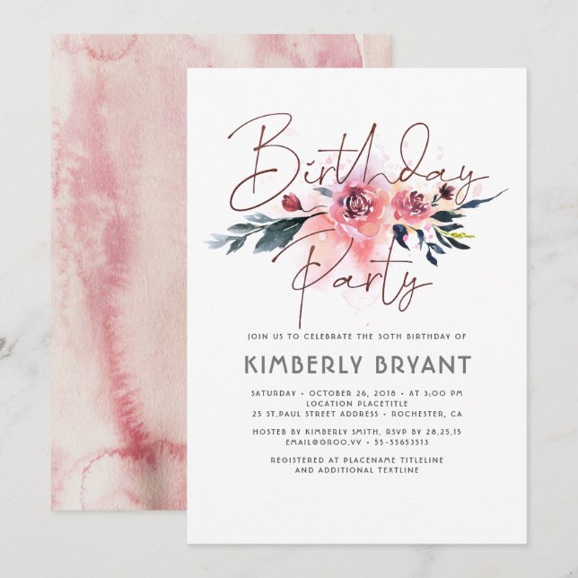 Invitación Floral Rubor y fiesta de cumpleaños de Borgoña (Anverso / Reverso)