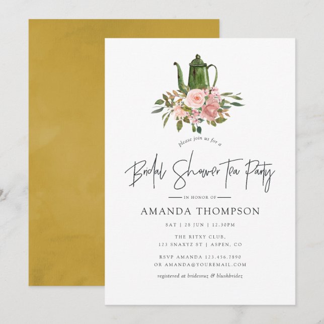 Invitación Floral Rubor y Gold Bridal Shower Tea Fiesta (Anverso / Reverso)