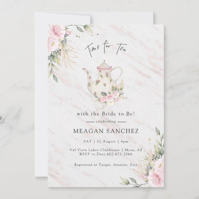 Invitación Floral Rubor y Gold Bridal Shower Tea Fiesta (Anverso)