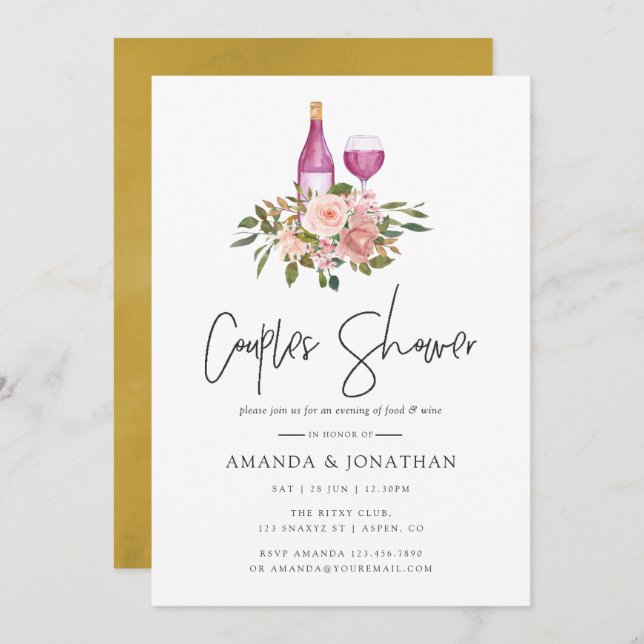 Invitación Floral Rubor y Gold Wine Tasting Couples Shower (Anverso / Reverso)