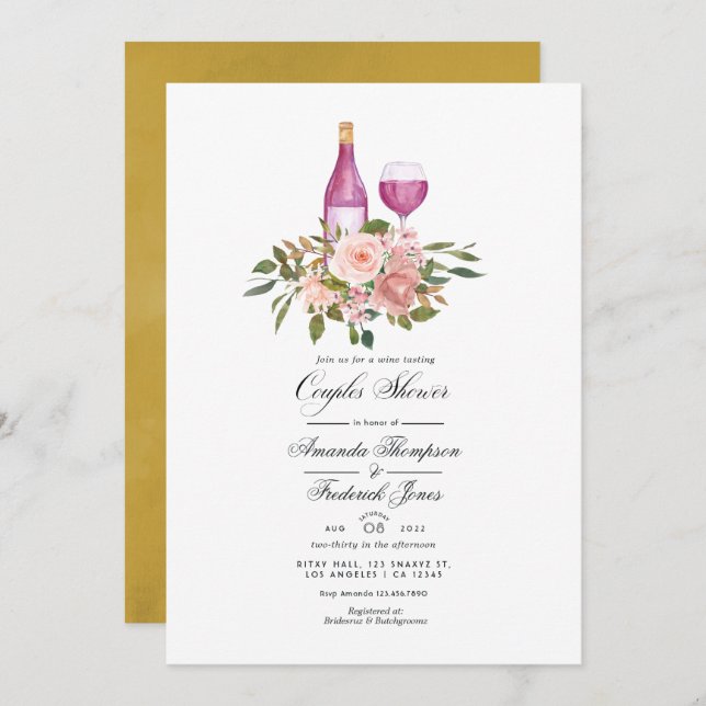 Invitación Floral Rubor y Gold Wine Tasting Couples Shower (Anverso / Reverso)