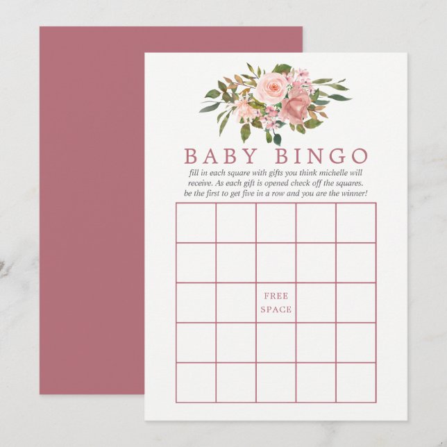 Invitación Floral Rubor y Rosa Gold Baby Shower Bingo (Anverso / Reverso)