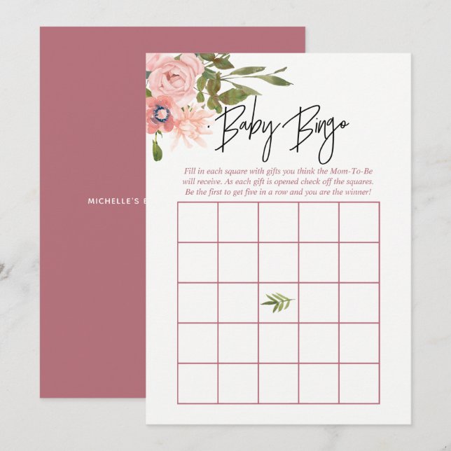 Invitación Floral Rubor y Rosa Gold Baby Shower Bingo (Anverso / Reverso)